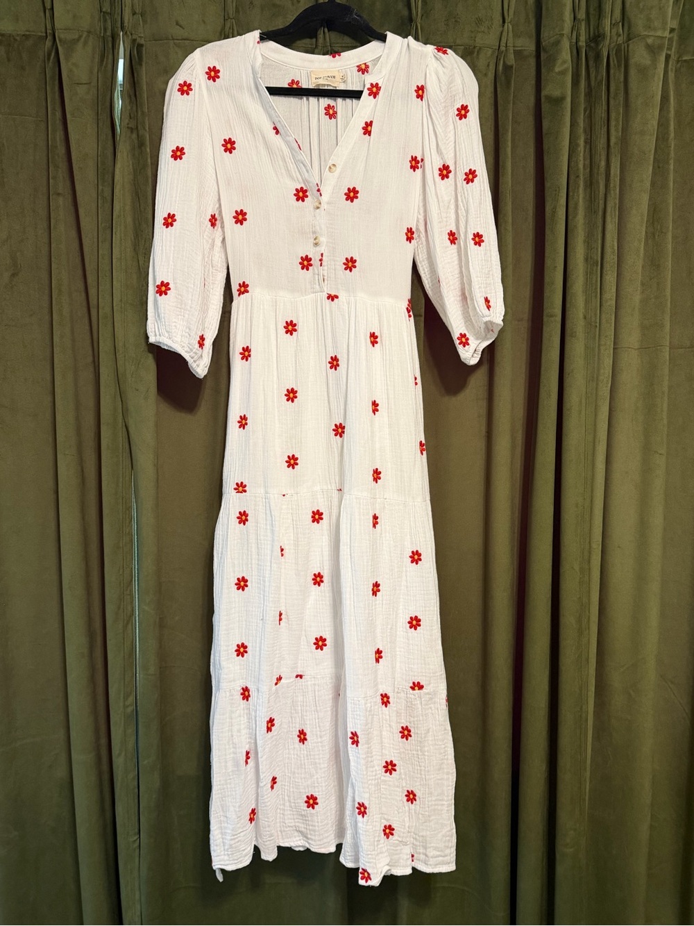 Polagram White Maxi Dress with Red Floral Ditsy Print